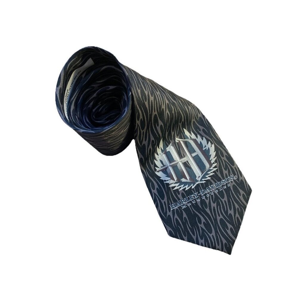 Vintage Harley Davidson Tie HD Metallic Logo With Flames Ralph Marlin Gray 1999